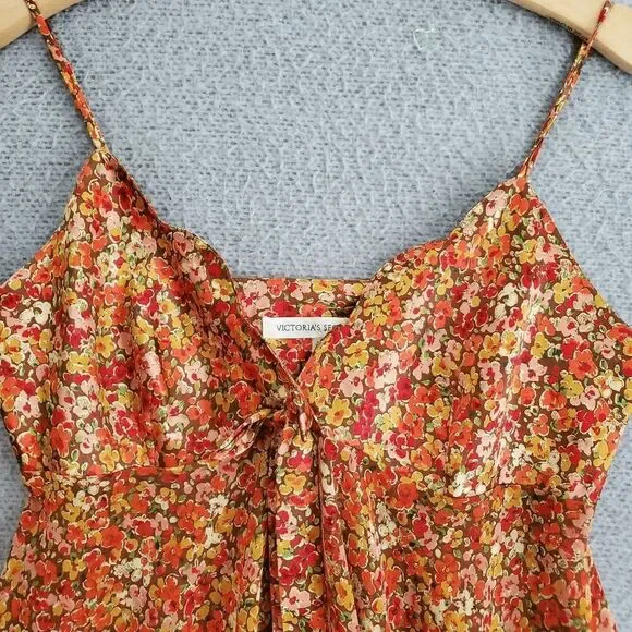 Y2K Victoria Secret Women's Babydoll Orange Floral Adjustable Strap Micro Dress - Picture 4 of 6